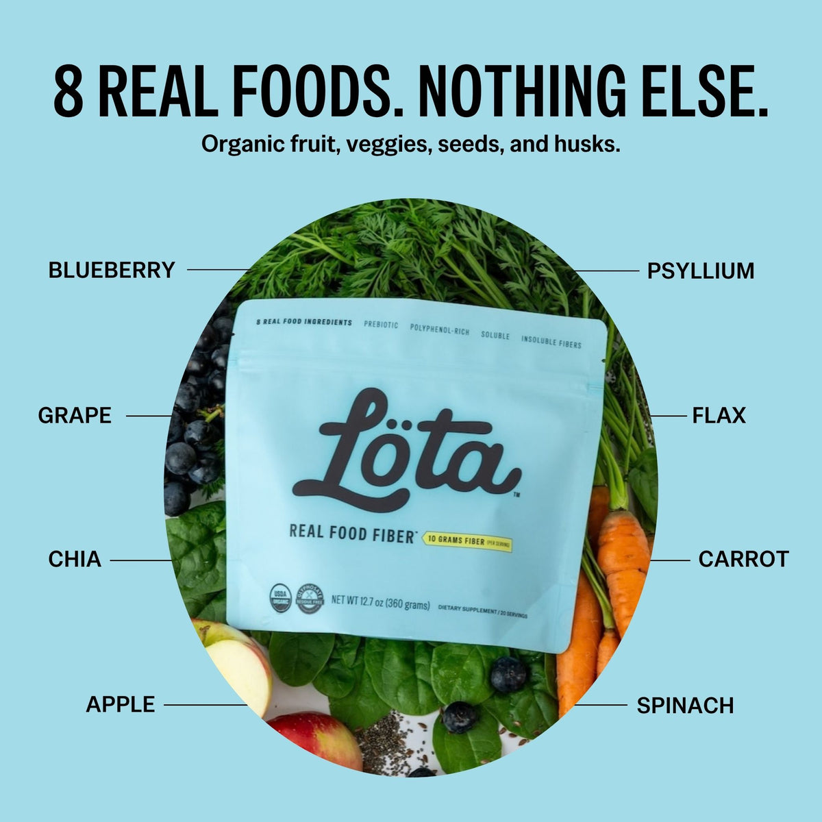 A light blue Löta stand-up pouch of real food fiber centered on a light blue background, surrounded by a circular collage of labeled foods including blueberry, grape, chia, apple, spinach, flax, carrot, and psyllium. organic fruit and veggies. Real Food Fiber. A light blue stand-up pouch of ORGANIC Löta Real Food Fiber dietary supplement, featuring the brand name 'Löta' in large black script, with 'Real Food Fiber' and '10 Grams Fiber Per Serving' printed below, 