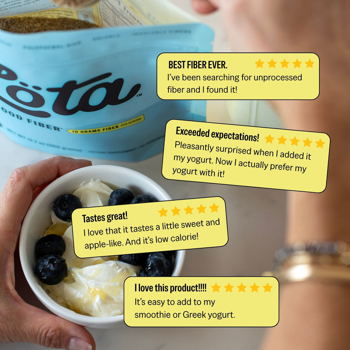 A person holds a white bowl of yogurt topped with blueberries in front of a large blue container of Lota Good Fiber. Four yellow star rating review cards are overlaid on the photo with positive customer testimonials. Löta Real Food Fiber A light blue stand-up pouch of ORGANIC Löta Real Food Fiber dietary supplement, featuring the brand name 'Löta' in large black script, with 'Real Food Fiber' and '10 Grams Fiber Per Serving' printed below, set on a light surface with a blurred indoor background. Prebiotic F